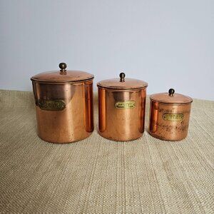 Vintage Copper Canister Set Sugar Coffee Tea Brass Tags Farmhouse Rustic Kitchen